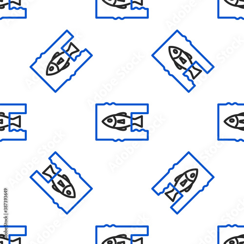 Line Stop ocean plastic pollution icon isolated seamless pattern on white background. Environment protection concept. Fish say no to plastic. Colorful outline concept. Vector.