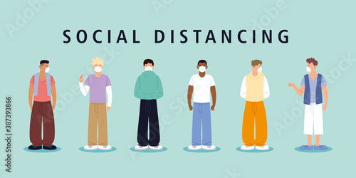 social distancing, men with masks keep distance during coronavirus covid 19