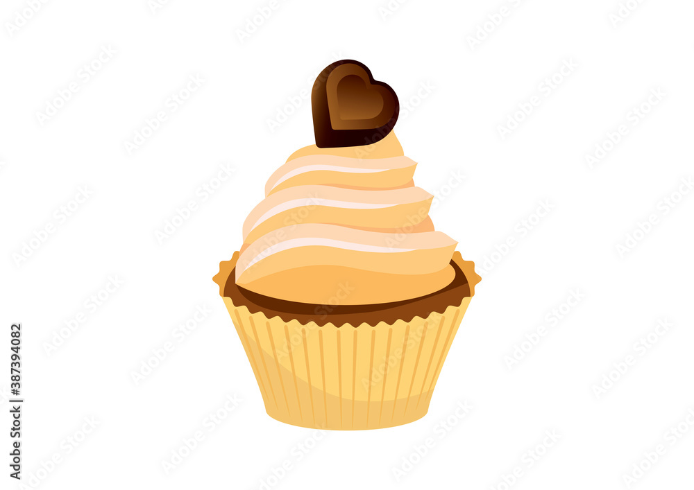 Vanilla cupcake with chocolate heart icon vector. Cupcake with vanilla cream icon isolated on a white background. Delicious vanilla cupcake vector Vanilla cupcake with chocolate heart icon vector. Cupcake with vanilla cream icon isolated on a white background. Delicious vanilla cupcake vector