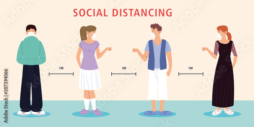 social distancing, people new normal, wearing face mask and social distance