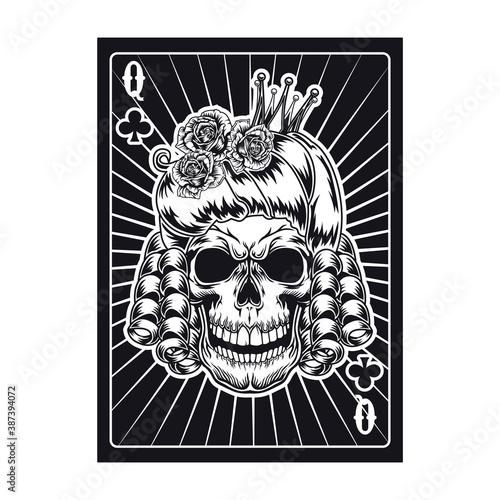 Playing card with angry queen skull. Club. Flat vector illustration for gambling, poker club, online game concept
