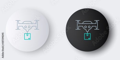 Line Delivery drone with the package icon isolated on grey background. Drone delivering cardboard box. Colorful outline concept. Vector.
