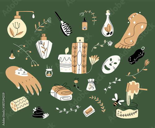 Vector illustration with set of items for Spa and body care on floral background. You can use it in web design as separate elements in different works.
