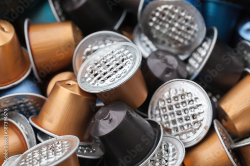 Waste coffee capsules, close-up photo photo