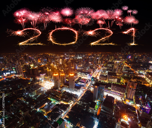 Photography 2021 happy new year fireworks over Bangkok cityscape at night, Thailand