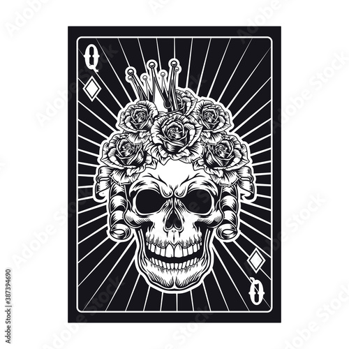 Playing card with black queen skull. Diamond. Flat vector illustration for gambling, poker club, online game concept