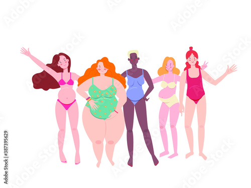 Group of pregnant women in swimwear. Happy future moms. Colored flat vector illustration.