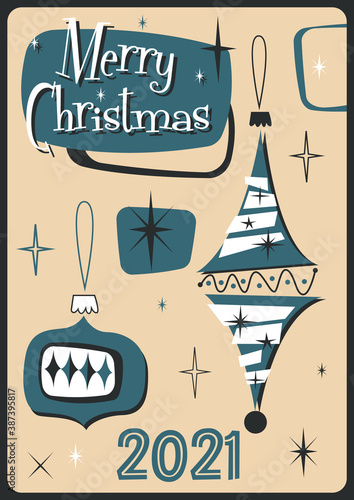 Christmas Greeting Card, Christmas Decoration Mid Century Modern Postcard Style Illustration 
