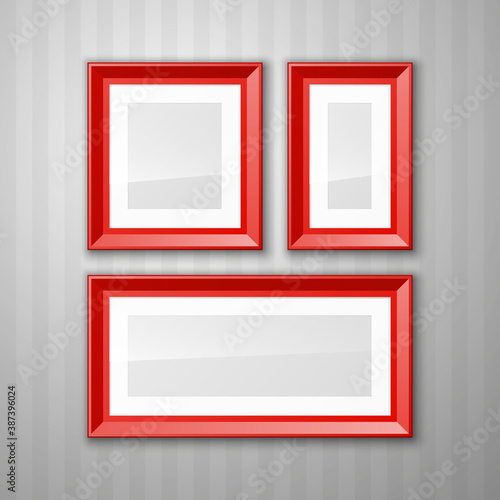 Set of color blank picture frames different sizes. Frame with passepartout hanging on a color wall from the Front. Design empty fotoframe template for Mock Up illustration photo