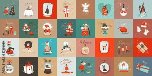 Hand drawn vector abstract fun Merry Christmas time cartoon cards collection set with cute illustrations,surprise gift boxes and handwritten modern calligraphy text isolated on colored background