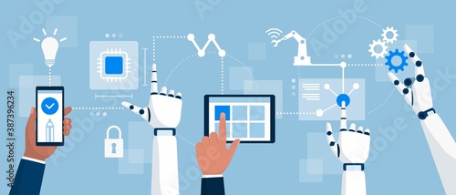AI robots, HMI and smart industry technology connecting together