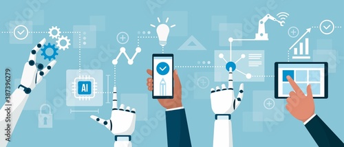 AI robots, HMI and smart industry technology connecting together