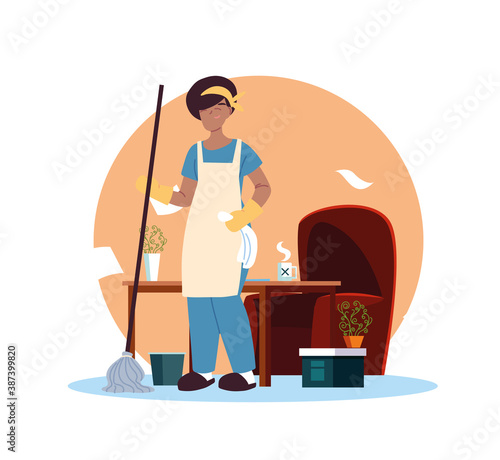 young woman working in cleaning service at home
