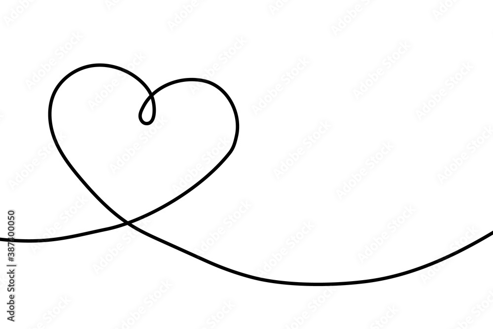 Heart continuous line drawing. Single hand drawn contour heart for love design. Single lineart sketch heart. Symbol love. Simplicity sign isolated on white background. Vector illustration
