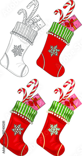 Colorful cartoon Christmas New Year winter socking with snowflake and present sketch template set. Bright vector illustration for games, background, pattern, decor. Coloring paper, page, story book
