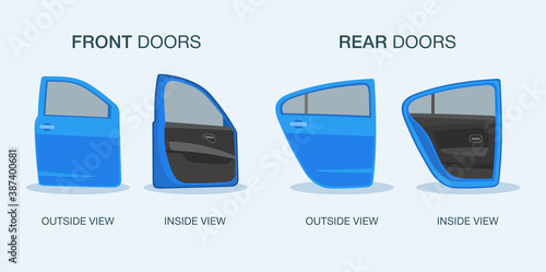 Isolated front and rear car doors icon set. Flat vector illustration template. 