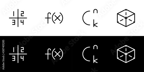Branches of mathematics icon set. Flat design icon collection isolated on black and white background. Number theory, algebra, probability, and geometric.