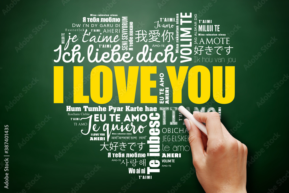 I Love You heart word cloud in different languages on blackboard I Love You heart word cloud in different languages on blackboard