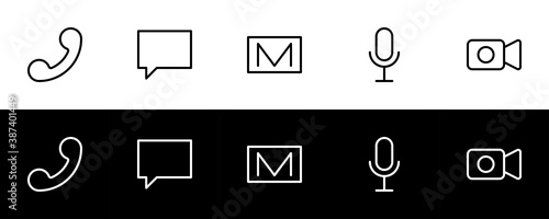 Communication method icon set. Flat design icon collection isolated on black and white background. Call, message, email, voice note, and video call.