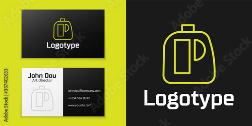 Logotype line Plastic bottles for laundry detergent, bleach, dishwashing liquid or another cleaning agent icon isolated on black background. Logo design template element. Vector Illustration.
