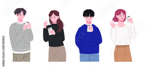 Young men and women in casual fashion are using smartphones. Vector illustration of a character sending a chat, listening to music, watching videos and making video calls.