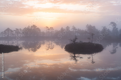 Fototapeta Naklejka Na Ścianę i Meble -  Swamp lake with islands in misty morning