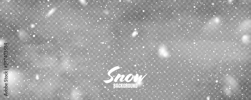 Realistic falling snow with snowflakes. Winter transparent background for Christmas or New Year card. Frost storm effect. Vector illustration.