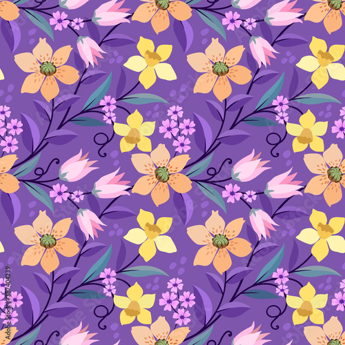 Colorful hand draw flowers on purple color background seamless pattern for fabric textile wallpaper.
