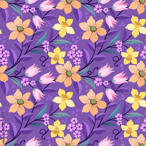 Wallpaper Mural Colorful hand draw flowers on purple color background seamless pattern for fabric textile wallpaper. Torontodigital.ca