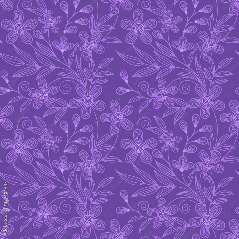 Line flowers on purple color background seamless pattern for fabric textile wallpaper. Line flowers on purple color background seamless pattern for fabric textile wallpaper.