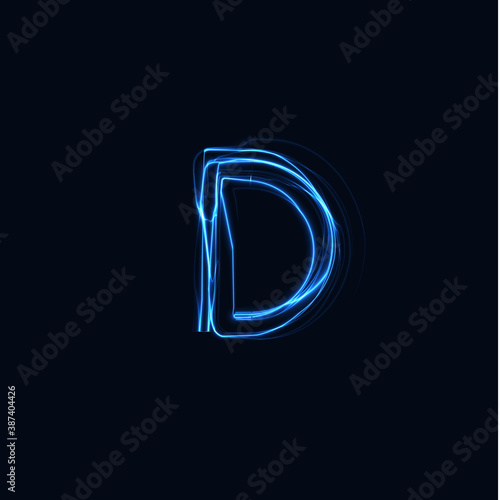 Lightning Realistic letter D, bright gloving logo, electric energy glow style symbol, blue tesla plasma type sign. Thunderbolt vector illustration, typography design
