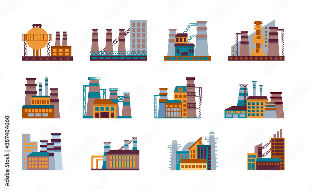 Factory icon set. Set of Industrial factories in flat style isolated on a white background.  industrial building concept. Industrial complex. Power plants with chimneys, pipes and tanks.