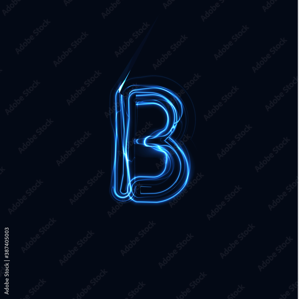 Obraz premium Lightning Realistic letter B, bright gloving logo, electric energy glow style symbol, blue tesla plasma type sign. Thunderbolt vector illustration, typography design