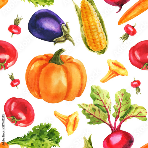 Watercolor seamless pattern with autumn vegetables and mushroom
