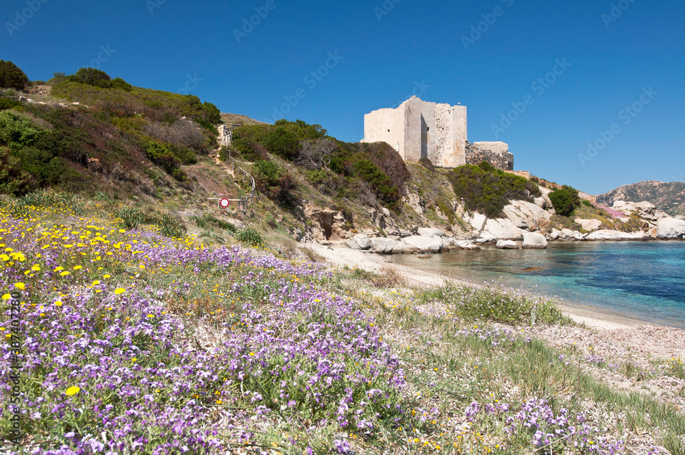 Fortezza vecchia, harbor's beach, Villasimius, Cagliari, Sardinia, Italy, Europe