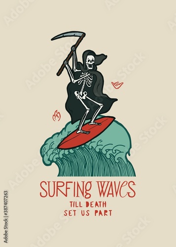 Surfing till death sets us part. Death skeleton in black cape with scythe surfing on big wave. Tropical vacation summer sports t-shirt print vector illustration.