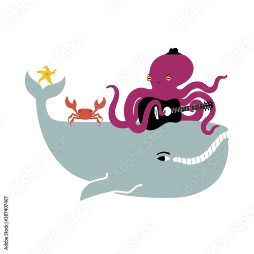 Vector illustration with whale, octopus playing acoustic guitar, dancing crab and starfish. Music party flyer template design, ocean concert with animals