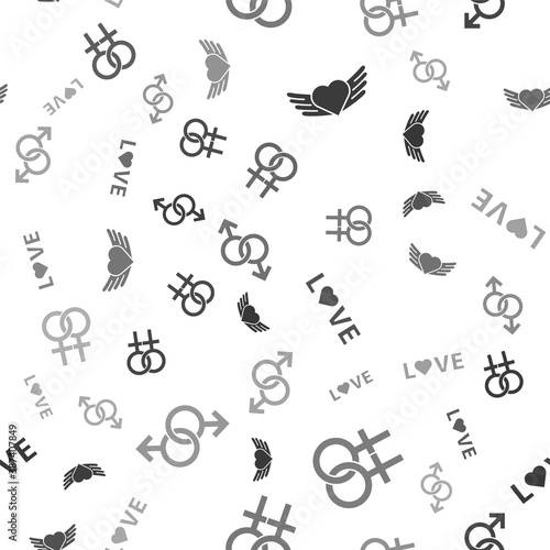 Set Heart with wings, Female gender symbol, Love text and Male gender symbol on seamless pattern. Vector.