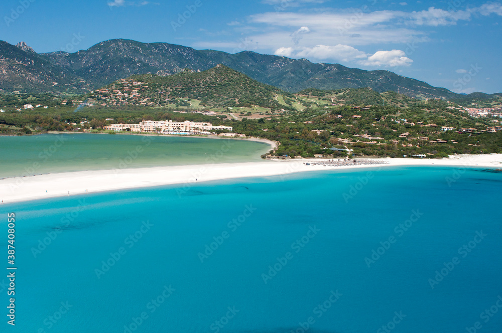 Fototapeta premium emerald water in Porto Giunco bay, Villasimius, Cagliari, Sardinia, Italy, Europe