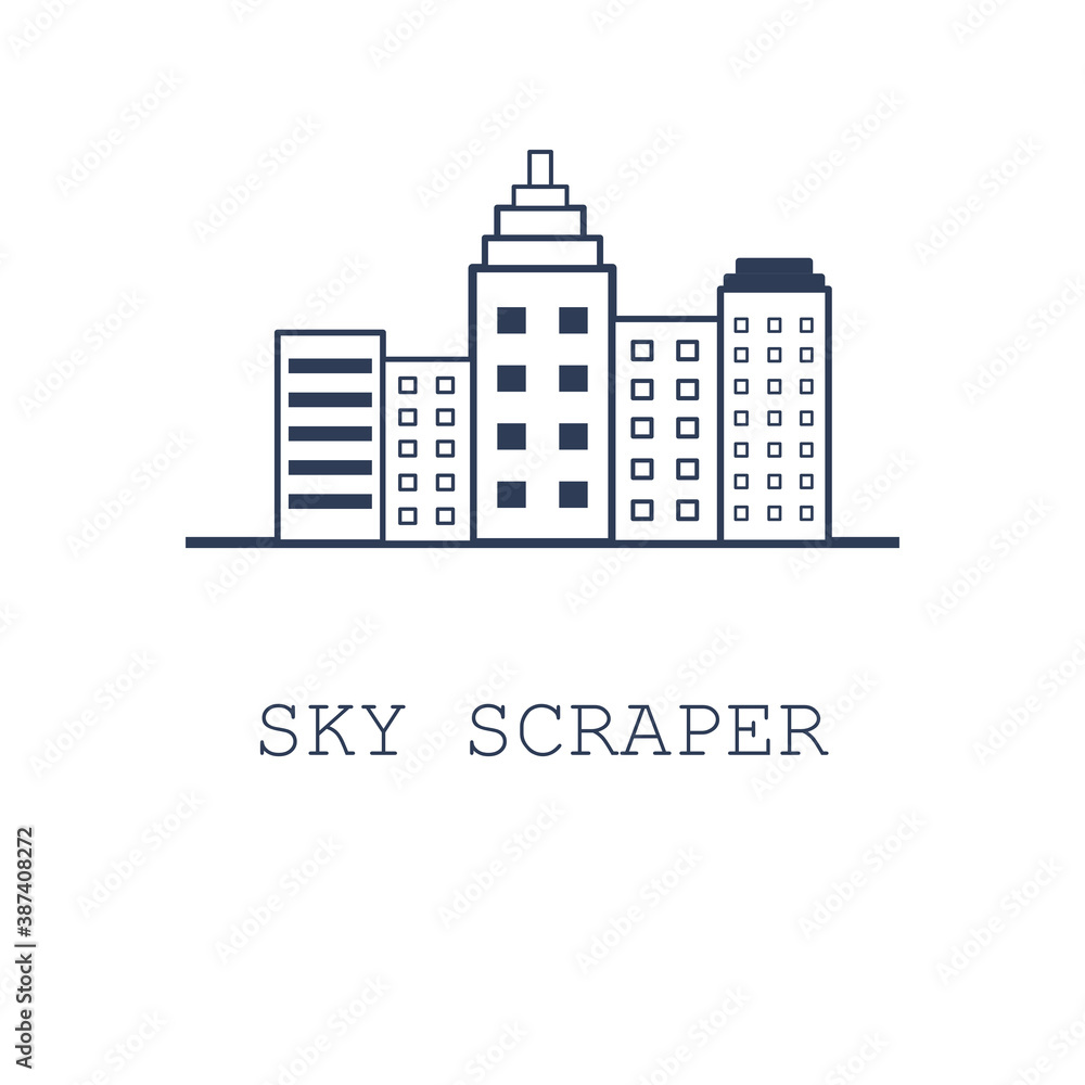 Building icon on white background. Vector illustration in flat design. Sky scraper. 