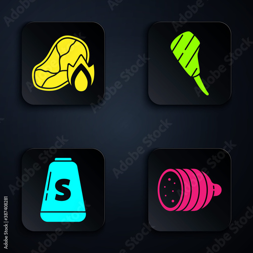 Set Salami sausage, Grilled steak meat and fire flame, Salt and Rib eye steak. Black square button. Vector.