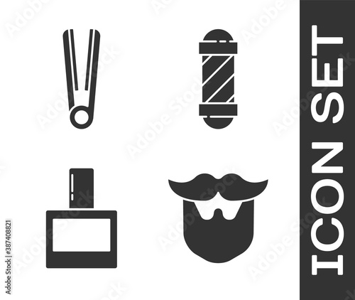 Set Mustache and beard, Curling iron for hair, Aftershave and Classic Barber shop pole icon. Vector.