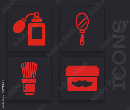 Set Cream or lotion cosmetic jar, Aftershave bottle with atomizer, Hand mirror and Shaving brush icon. Vector.