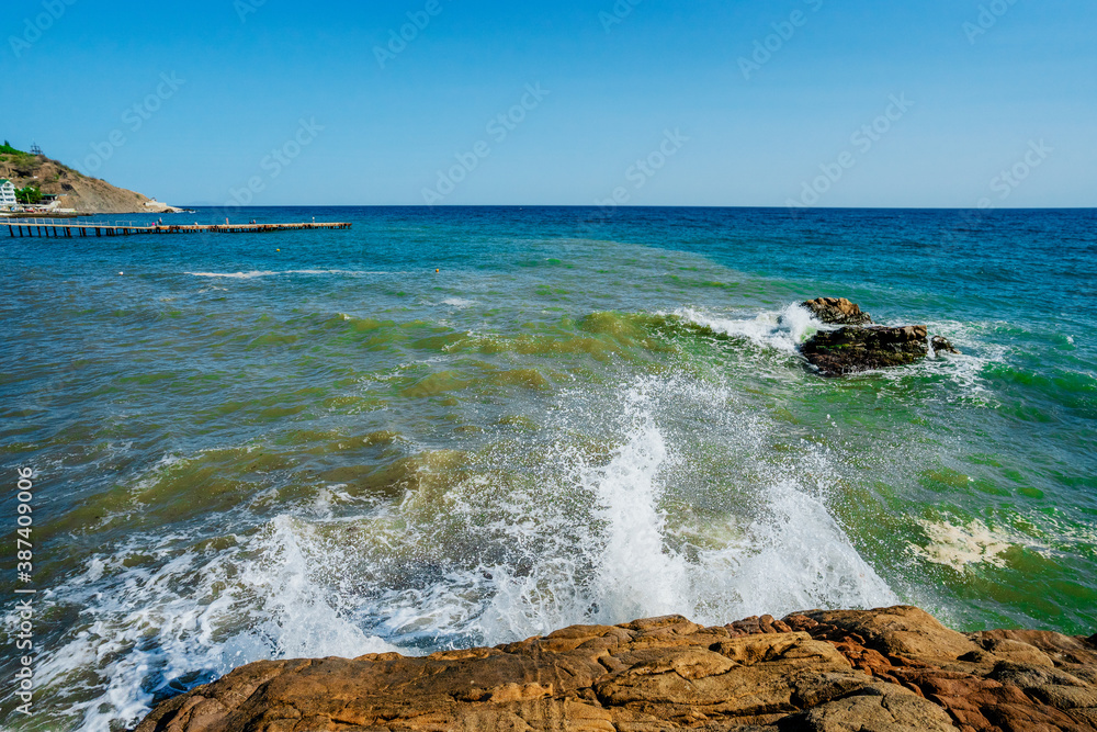Seascape with rocks and waves from above, Crimea