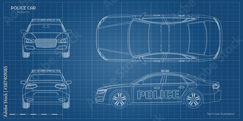Outline police car blueprint. Front, side, back and side views. Patrol automobile drawing. Industrial document. City guard