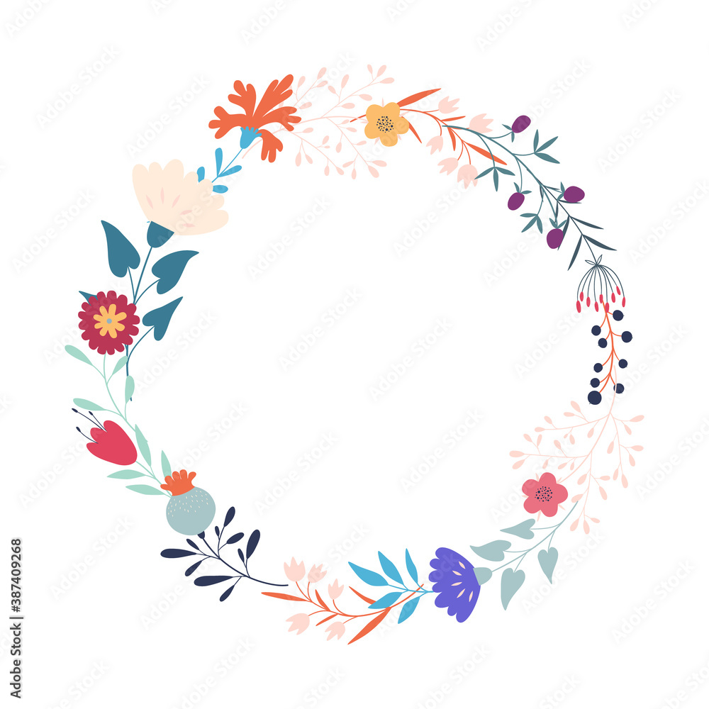 Stylized flowers and branches. Wreath, round floral frame. Flat style. Wedding decorations Stylized flowers and branches. Wreath, round floral frame. Flat style. Wedding decorations