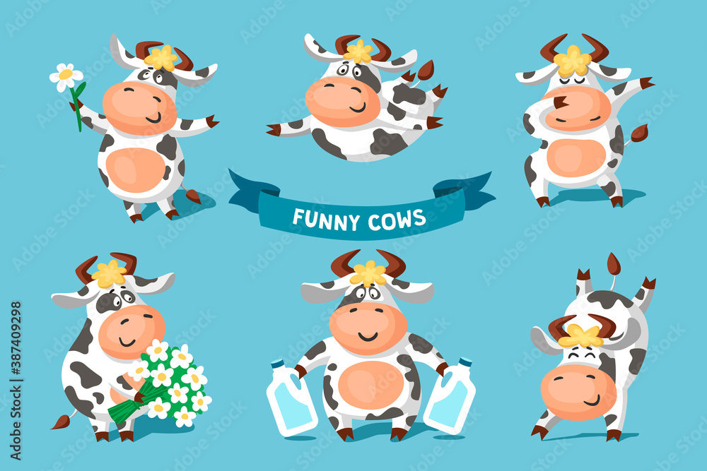 Set of cute funny spotted black and white cows in different poses. Cartoon vector illustration for children.