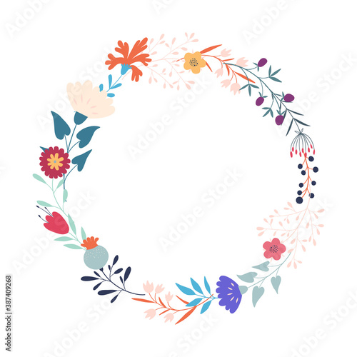 Stylized flowers and branches. Wreath, round floral frame. Flat style. Wedding decorations