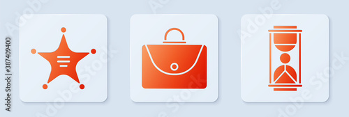 Set Briefcase, Hexagram sheriff and Old hourglass with sand. White square button. Vector. photo