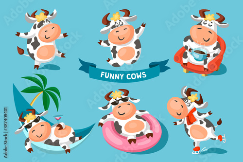 The cows are having fun on vacation. A set of funny cute black and white spotted cows in different poses, playing and relaxing. Cartoon vector illustration.